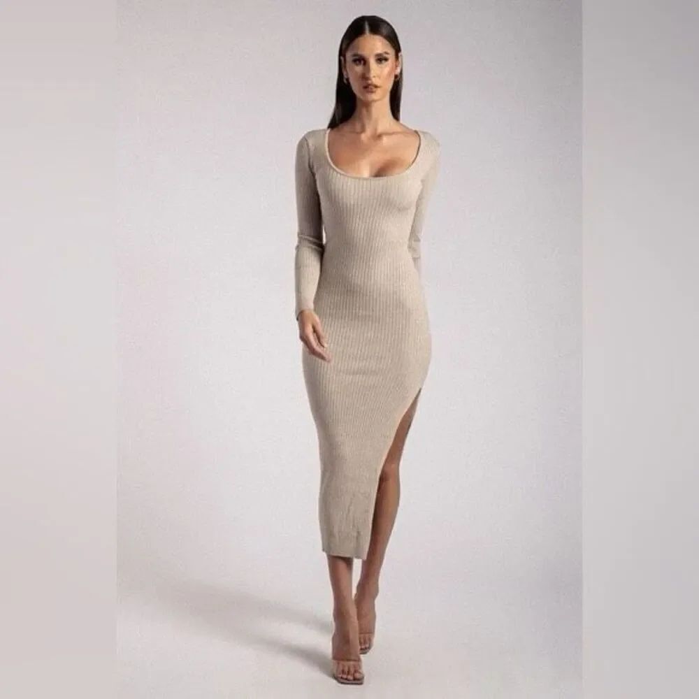 ✨Meshki Taupe Tan Cali Long Sleeve Ribbed High Slit Midi Sz Large Dress✨